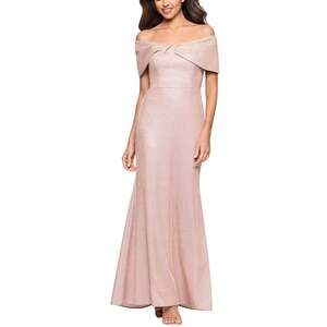 Betsy & Adam Rose Gold Formal Dress Metallic Off the Shoulder Long Gown Size 6